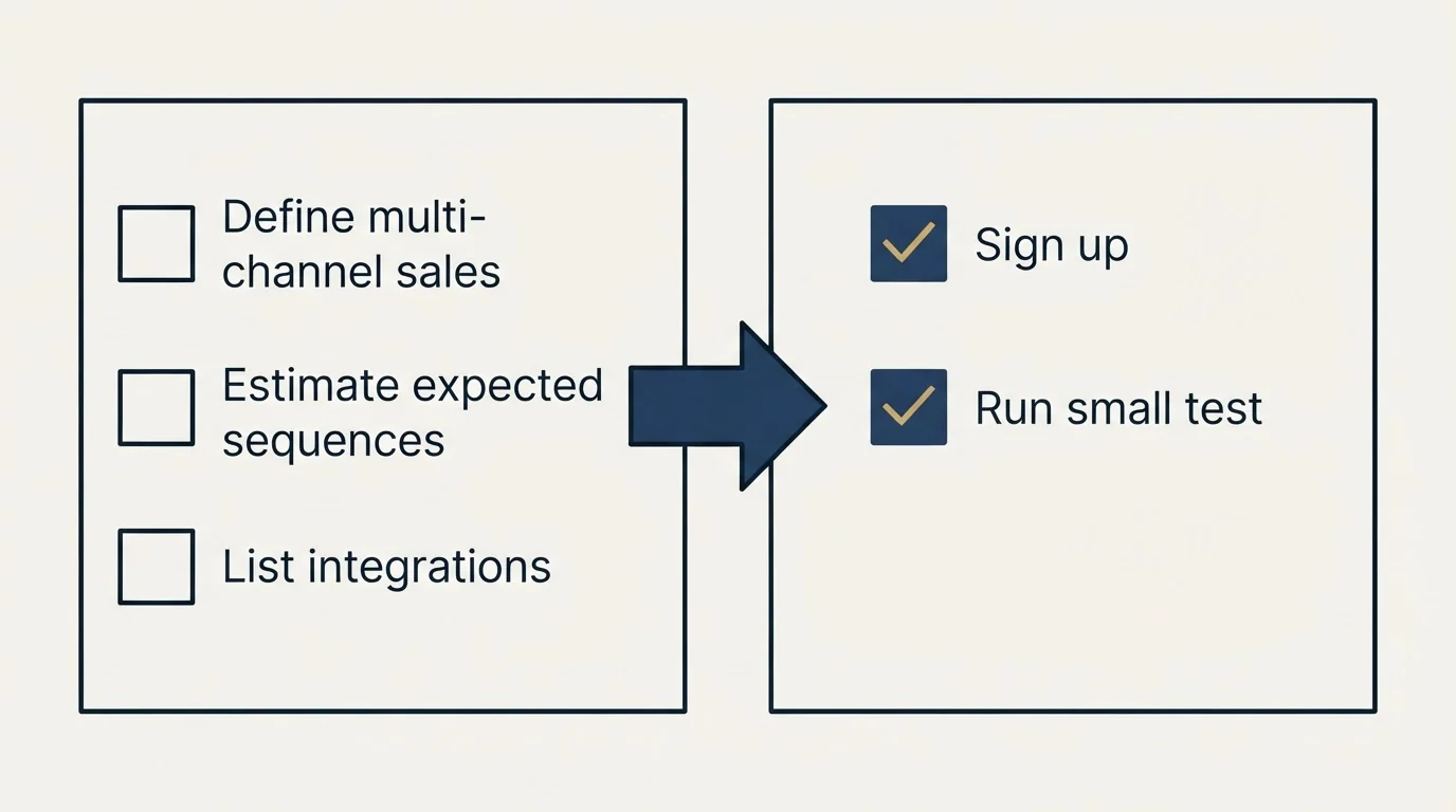 Before-and-after steps: Getting Started Checklist (Define multi-channel sales, Estimate expected sequences, List integrations, Sign up)