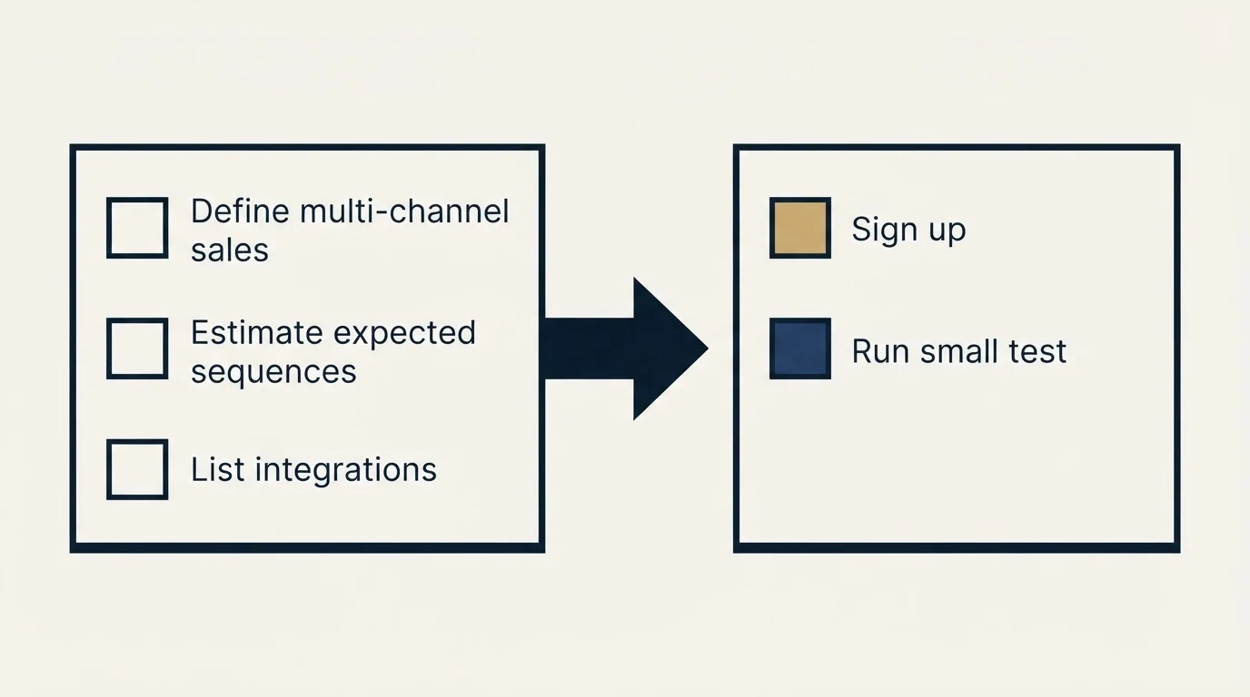 Before-and-after steps: Getting Started Checklist (Define multi-channel sales, Estimate expected sequences, List integrations, Sign up)