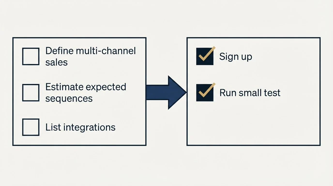 Before-and-after steps: Getting Started Checklist (Define multi-channel sales, Estimate expected sequences, List integrations, Sign up)