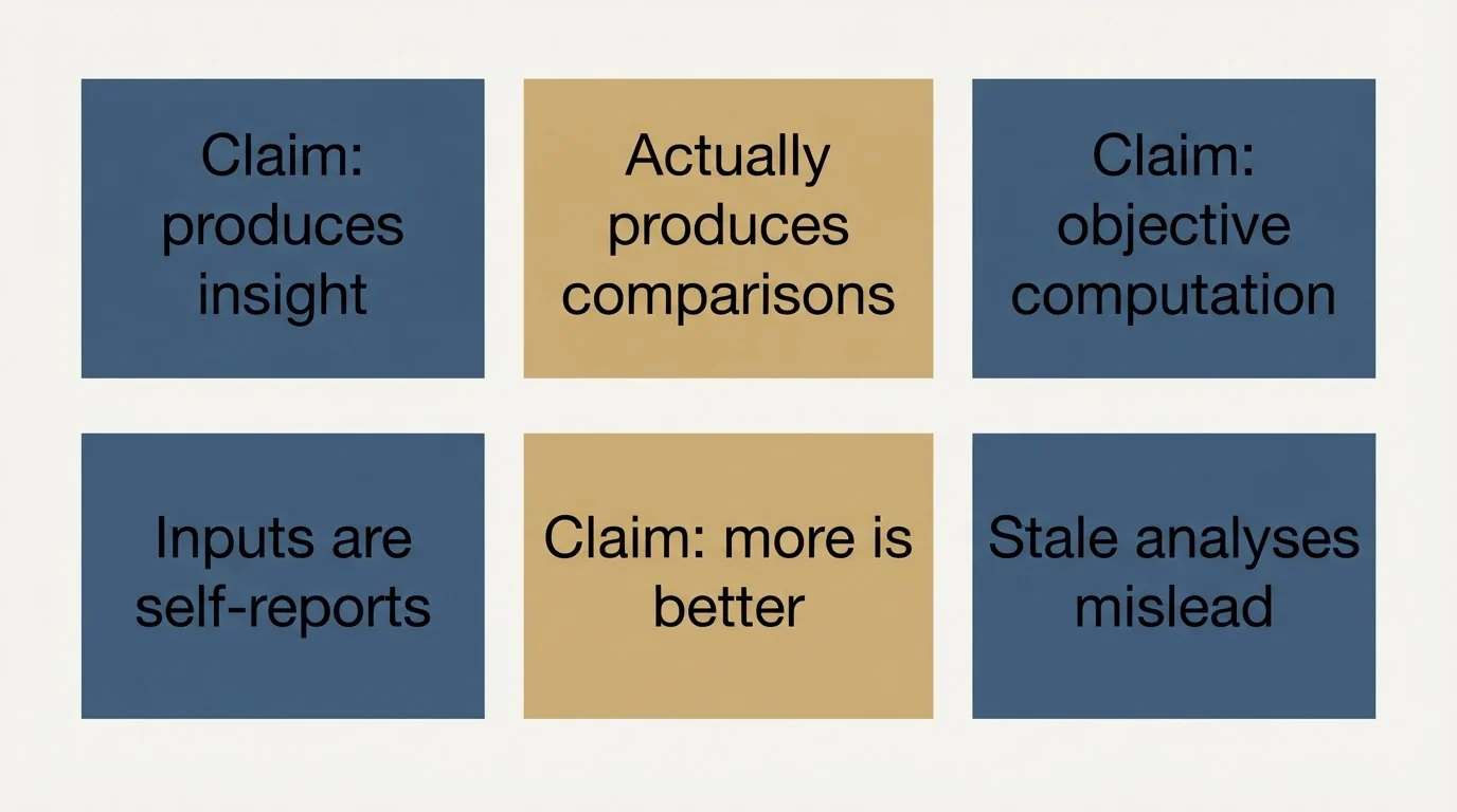 Schematic: Where the definition oversells (Claim: produces insight, Actually produces comparisons, Claim: objective computation, Inputs are self-reports)
