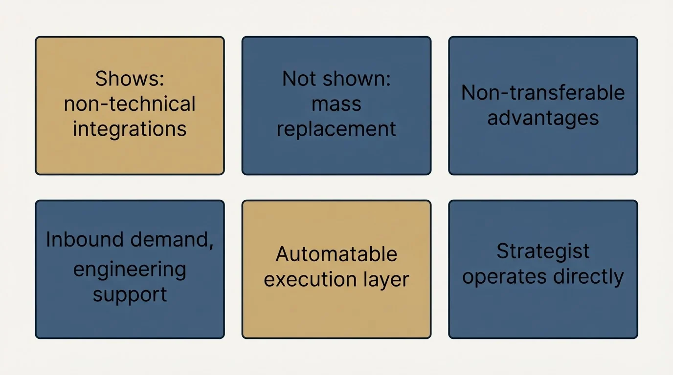 Schematic: What This Story Does And Does Not Prove (Shows: non-technical integrations, Not shown: mass replacement, Non-transferable advantages, Inbound demand, engineering support)