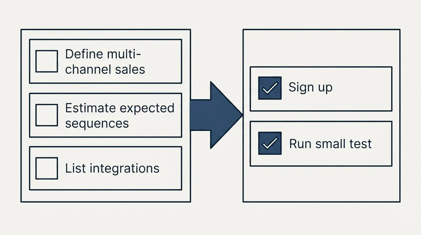 Before-and-after steps: Getting Started Checklist (Define multi-channel sales, Estimate expected sequences, List integrations, Sign up)