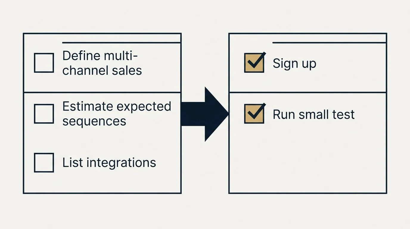 Before-and-after steps: Getting Started Checklist (Define multi-channel sales, Estimate expected sequences, List integrations, Sign up)