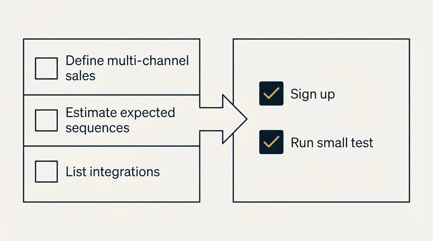Before-and-after steps: Getting Started Checklist (Define multi-channel sales, Estimate expected sequences, List integrations, Sign up)