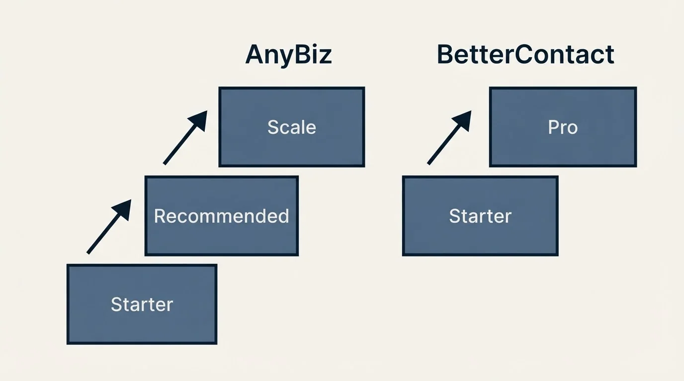Pricing ladder: Pricing Comparison (AnyBiz, BetterContact, Starter, Recommended)