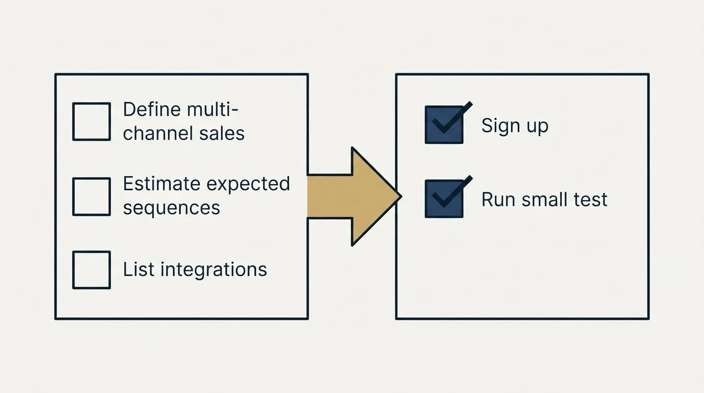 Before-and-after steps: Getting Started Checklist (Define multi-channel sales, Estimate expected sequences, List integrations, Sign up)