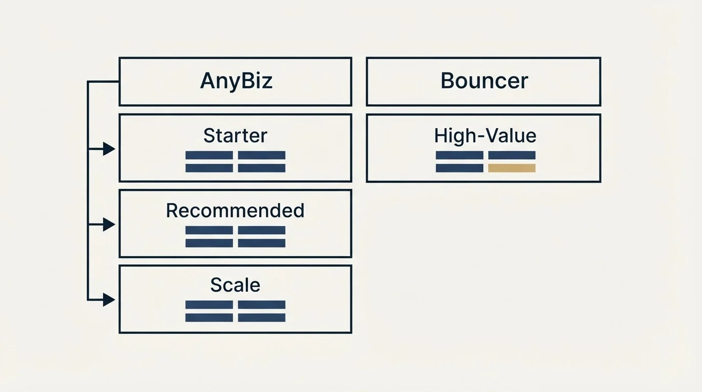 Pricing table: Pricing Comparison (AnyBiz, Bouncer, Starter, High-Value)