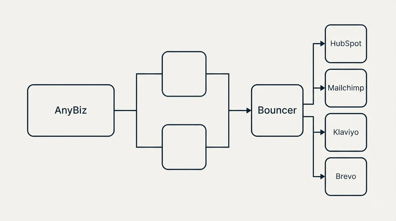 Integration flow: Integration Ecosystem (AnyBiz, Bouncer, HubSpot, Mailchimp)