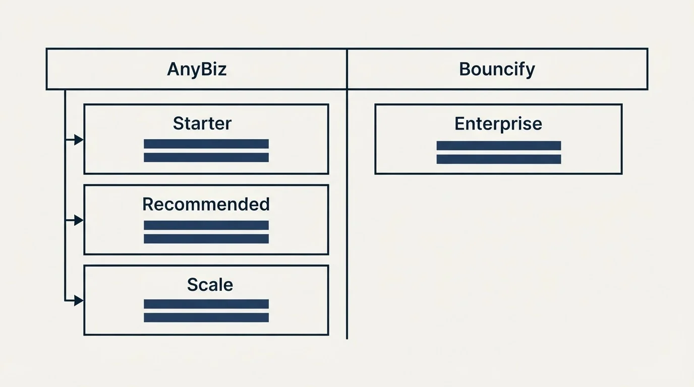Pricing table: Pricing Comparison (AnyBiz, Bouncify, Starter, Enterprise)