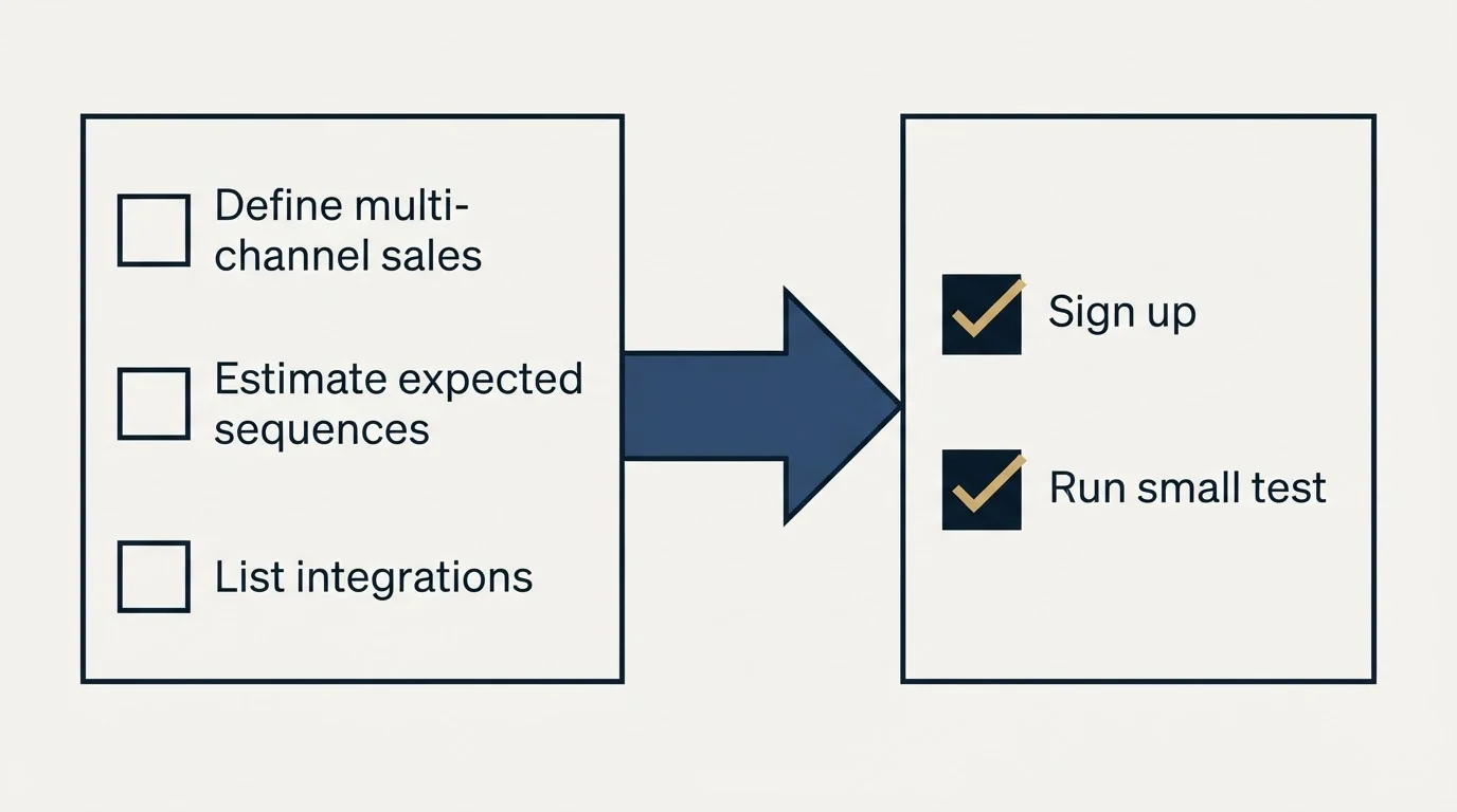 Before-and-after steps: Getting Started Checklist (Define multi-channel sales, Estimate expected sequences, List integrations, Sign up)