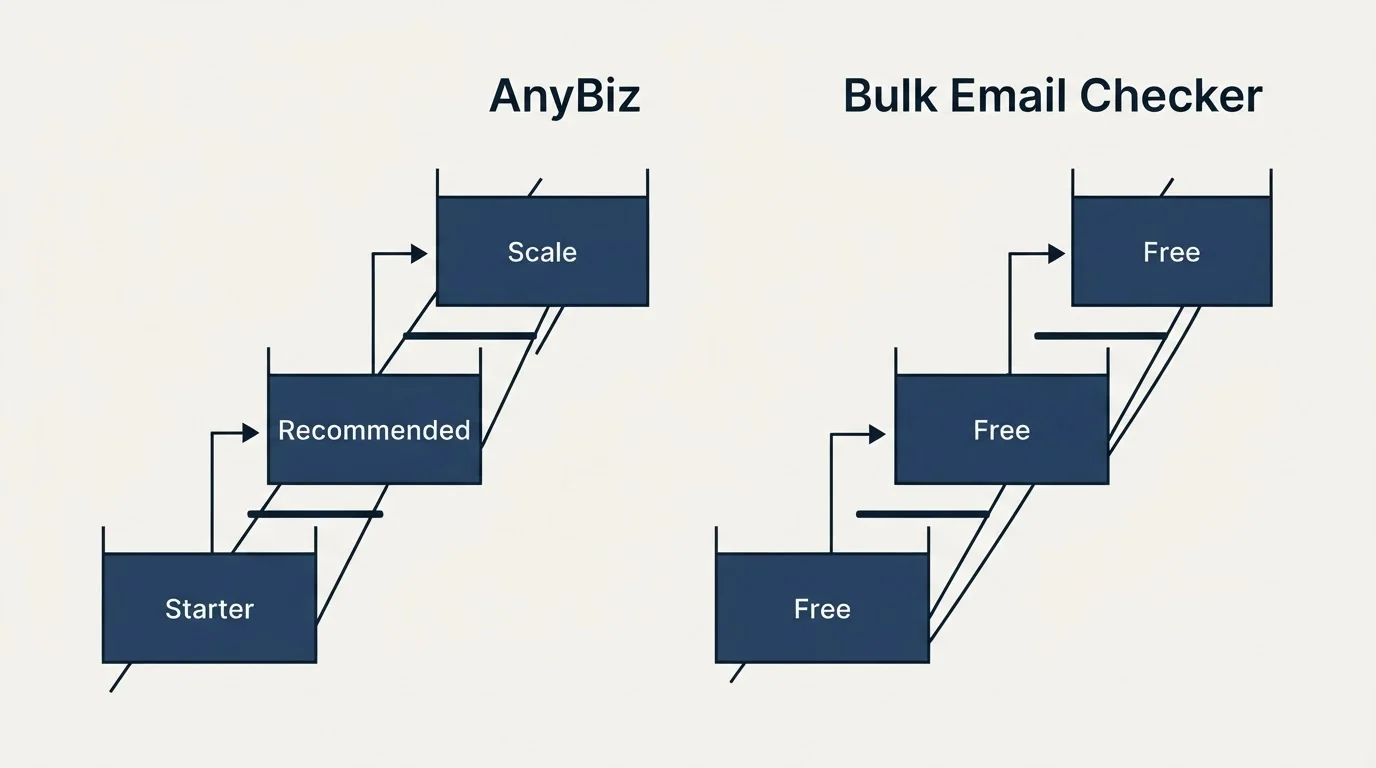 Pricing ladder: Pricing Comparison (AnyBiz, Bulk Email Checker, Starter, Free)
