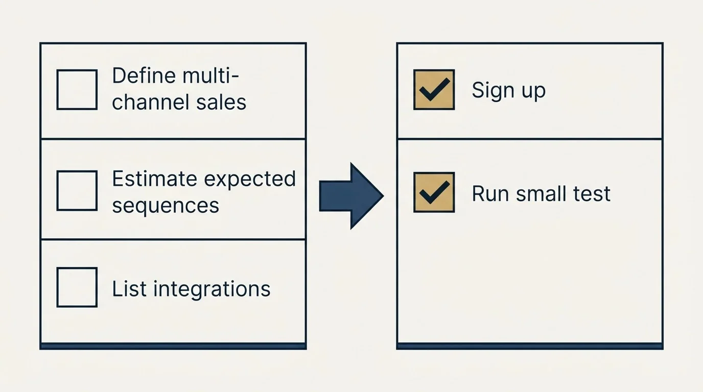 Before-and-after steps: Getting Started Checklist (Define multi-channel sales, Estimate expected sequences, List integrations, Sign up)