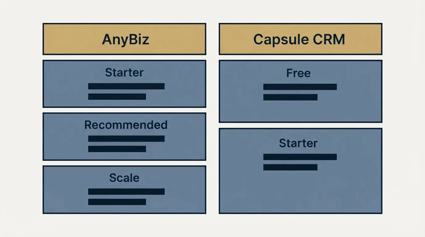 Pricing table: Pricing Comparison (AnyBiz, Capsule CRM, Starter, Free)