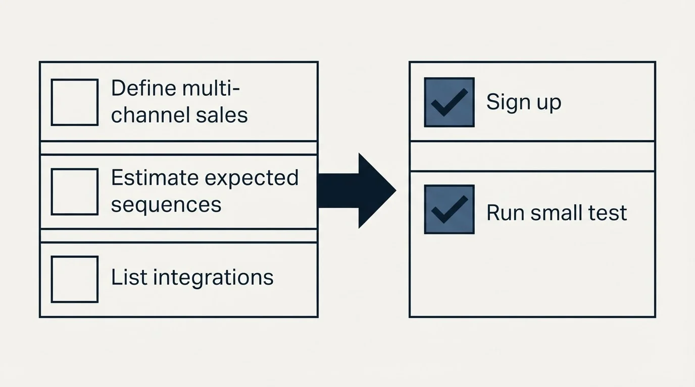 Before-and-after steps: Getting Started Checklist (Define multi-channel sales, Estimate expected sequences, List integrations, Sign up)