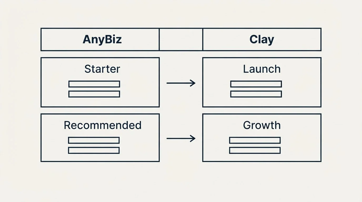 Pricing table: Pricing Comparison (AnyBiz, Clay, Starter, Launch)