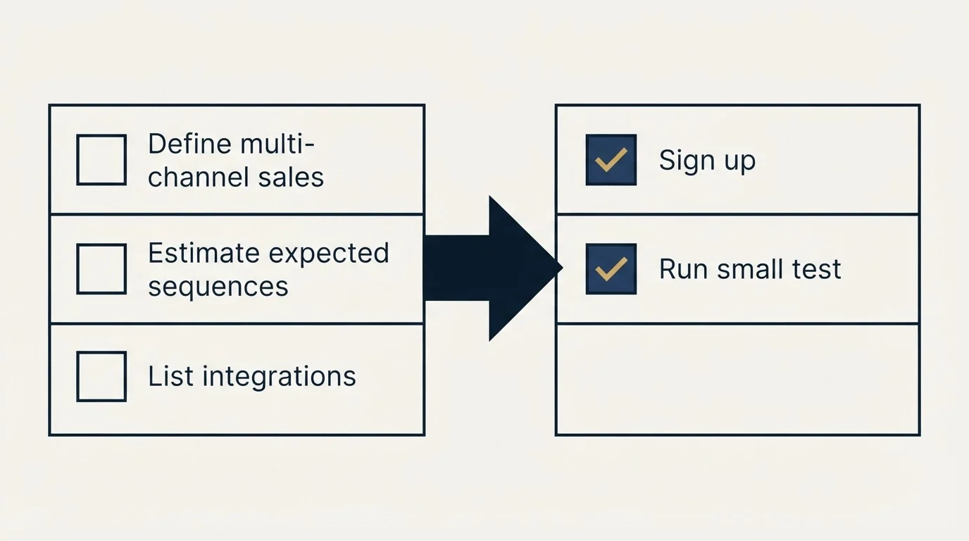 Before-and-after steps: Getting Started Checklist (Define multi-channel sales, Estimate expected sequences, List integrations, Sign up)