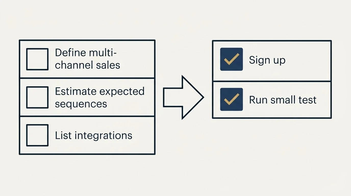 Before-and-after steps: Getting Started Checklist (Define multi-channel sales, Estimate expected sequences, List integrations, Sign up)