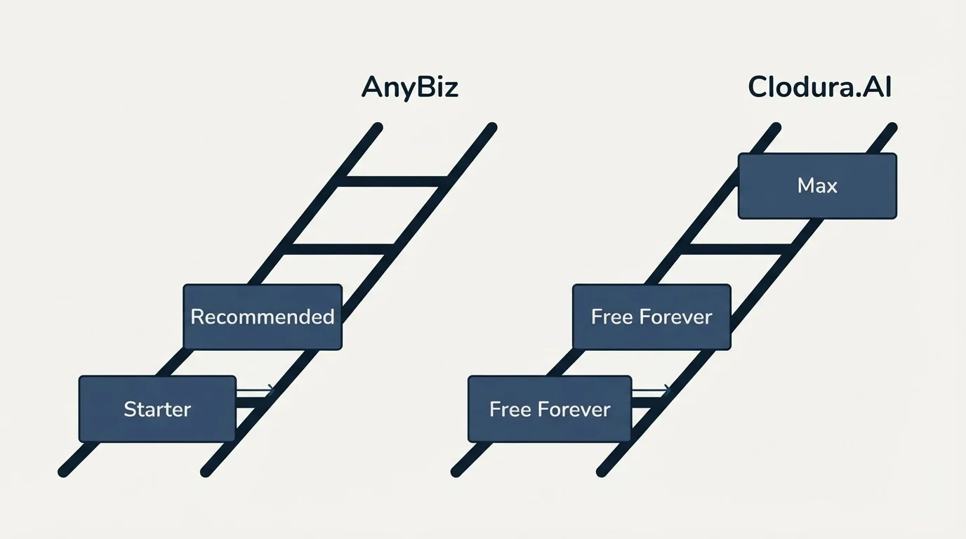 Pricing ladder: Pricing Comparison (AnyBiz, Clodura.AI, Starter, Free Forever)
