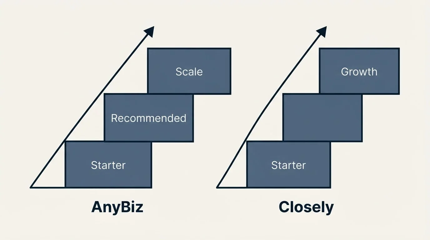 Pricing ladder: Pricing Comparison (AnyBiz, Closely, Starter, Recommended)