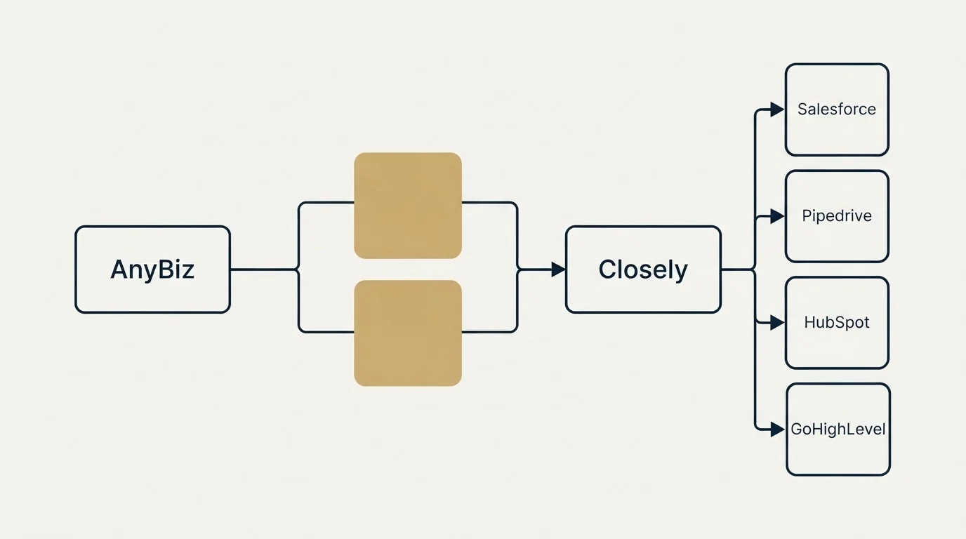 Integration schematic: Integration Ecosystem (AnyBiz, Closely, Salesforce, Pipedrive)