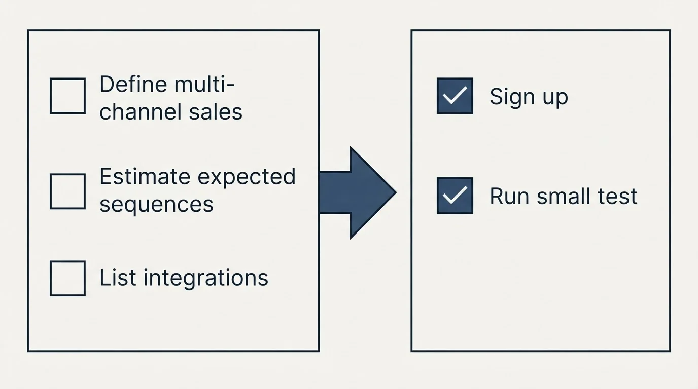 Before-and-after steps: Getting Started Checklist (Define multi-channel sales, Estimate expected sequences, List integrations, Sign up)