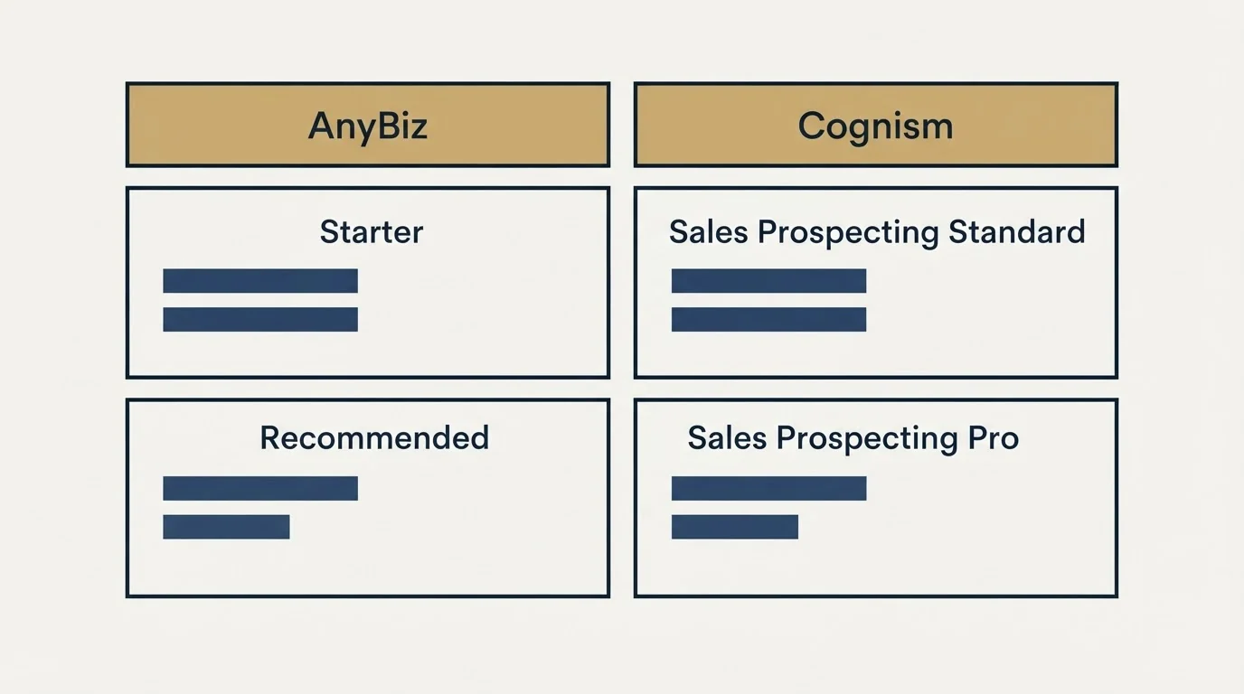 Pricing table: Pricing Comparison (AnyBiz, Cognism, Starter, Sales Prospecting Standard)