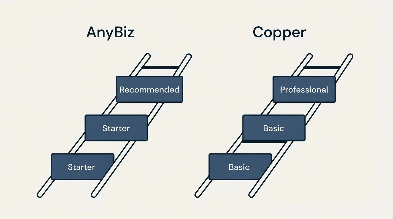 Pricing ladder: Pricing Comparison (AnyBiz, Copper, Starter, Basic)