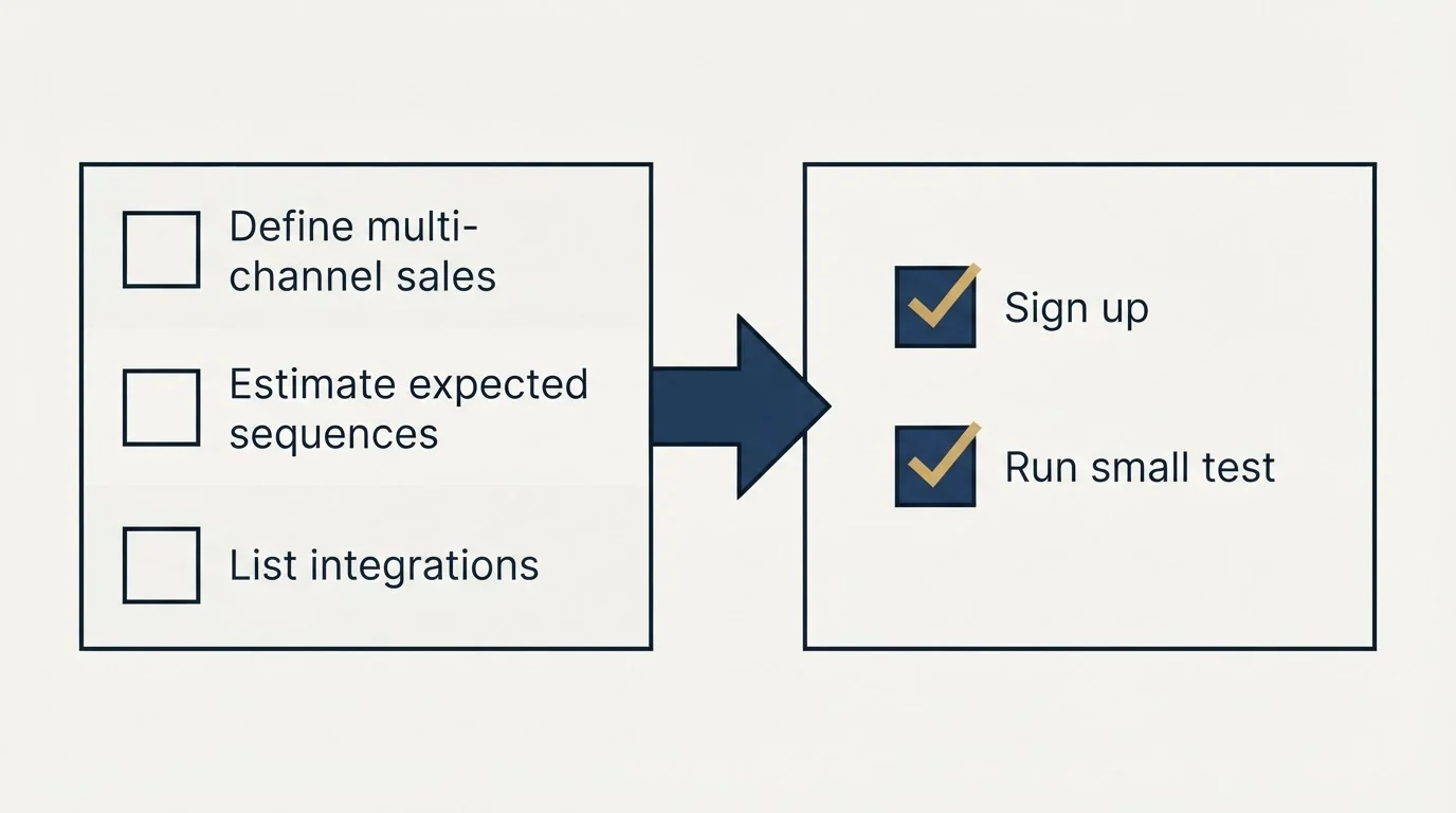 Before-and-after steps: Getting Started Checklist (Define multi-channel sales, Estimate expected sequences, List integrations, Sign up)