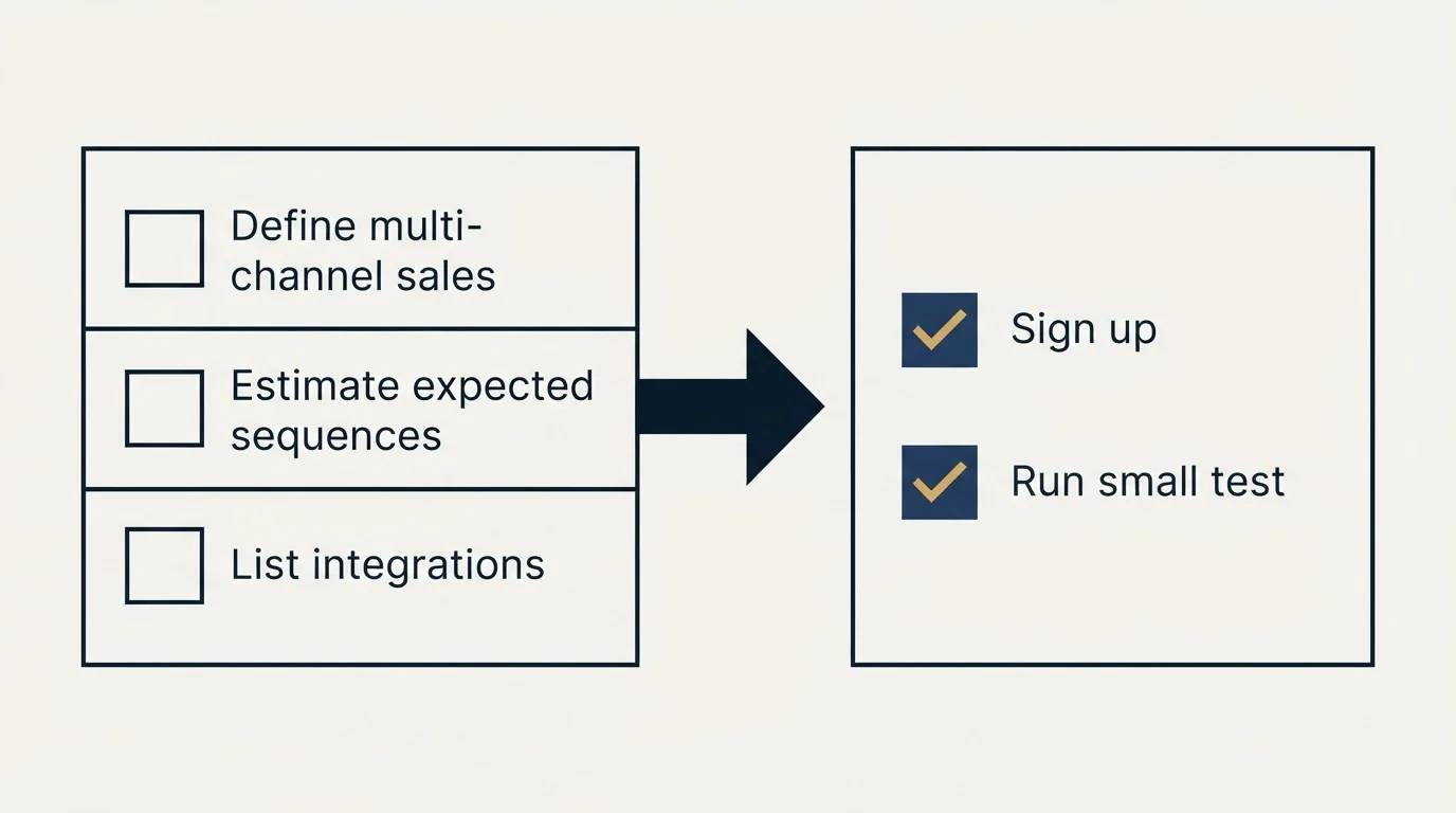 Before-and-after steps: Getting Started Checklist (Define multi-channel sales, Estimate expected sequences, List integrations, Sign up)