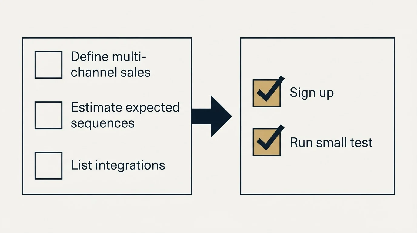 Before-and-after steps: Getting Started Checklist (Define multi-channel sales, Estimate expected sequences, List integrations, Sign up)