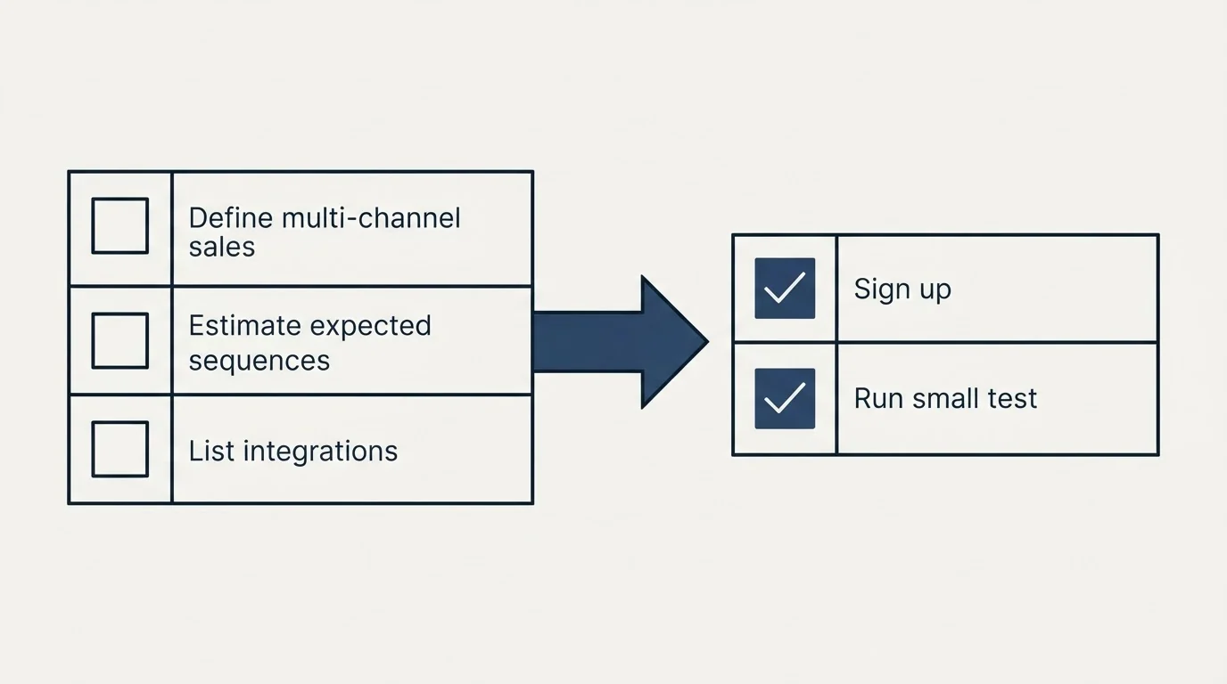 Before-and-after steps: Getting Started Checklist (Define multi-channel sales, Estimate expected sequences, List integrations, Sign up)