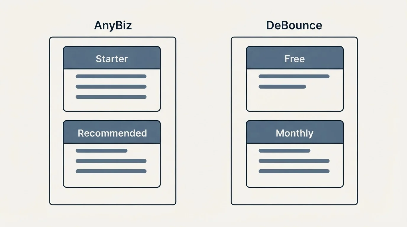 Pricing panels: Pricing Comparison (AnyBiz, DeBounce, Starter, Free)