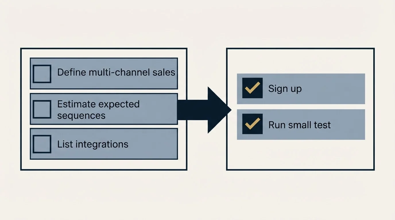 Before-and-after steps: Getting Started Checklist (Define multi-channel sales, Estimate expected sequences, List integrations, Sign up)