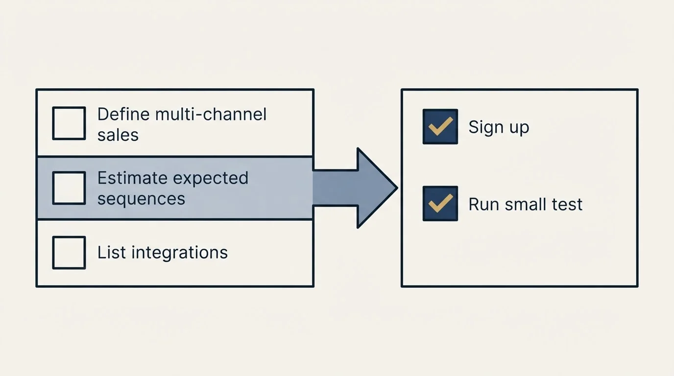Before-and-after steps: Getting Started Checklist (Define multi-channel sales, Estimate expected sequences, List integrations, Sign up)