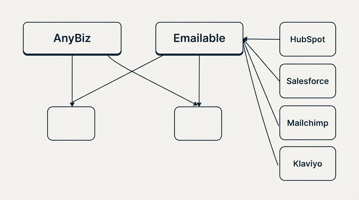 Integration grid: Integration Ecosystem (AnyBiz, Emailable, HubSpot, Salesforce)