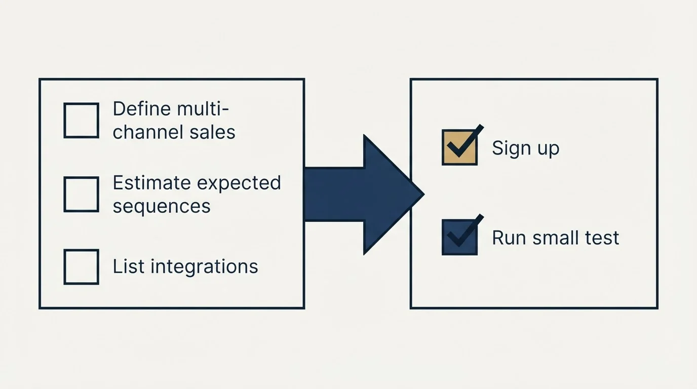 Before-and-after steps: Getting Started Checklist (Define multi-channel sales, Estimate expected sequences, List integrations, Sign up)
