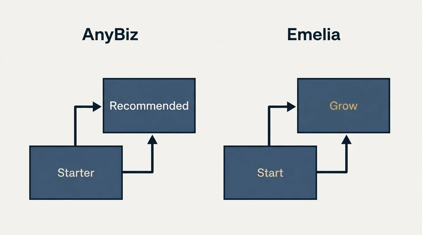Pricing ladder: Pricing Comparison (AnyBiz, Emelia, Starter, Start)