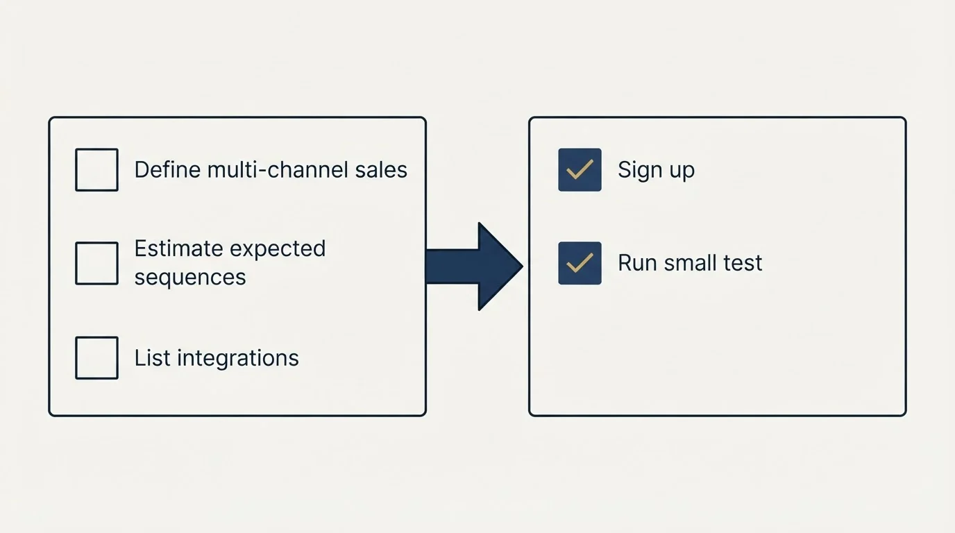 Before-and-after steps: Getting Started Checklist (Define multi-channel sales, Estimate expected sequences, List integrations, Sign up)