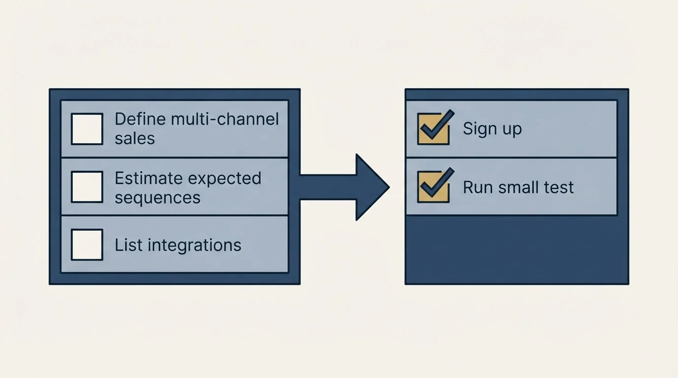 Before-and-after steps: Getting Started Checklist (Define multi-channel sales, Estimate expected sequences, List integrations, Sign up)