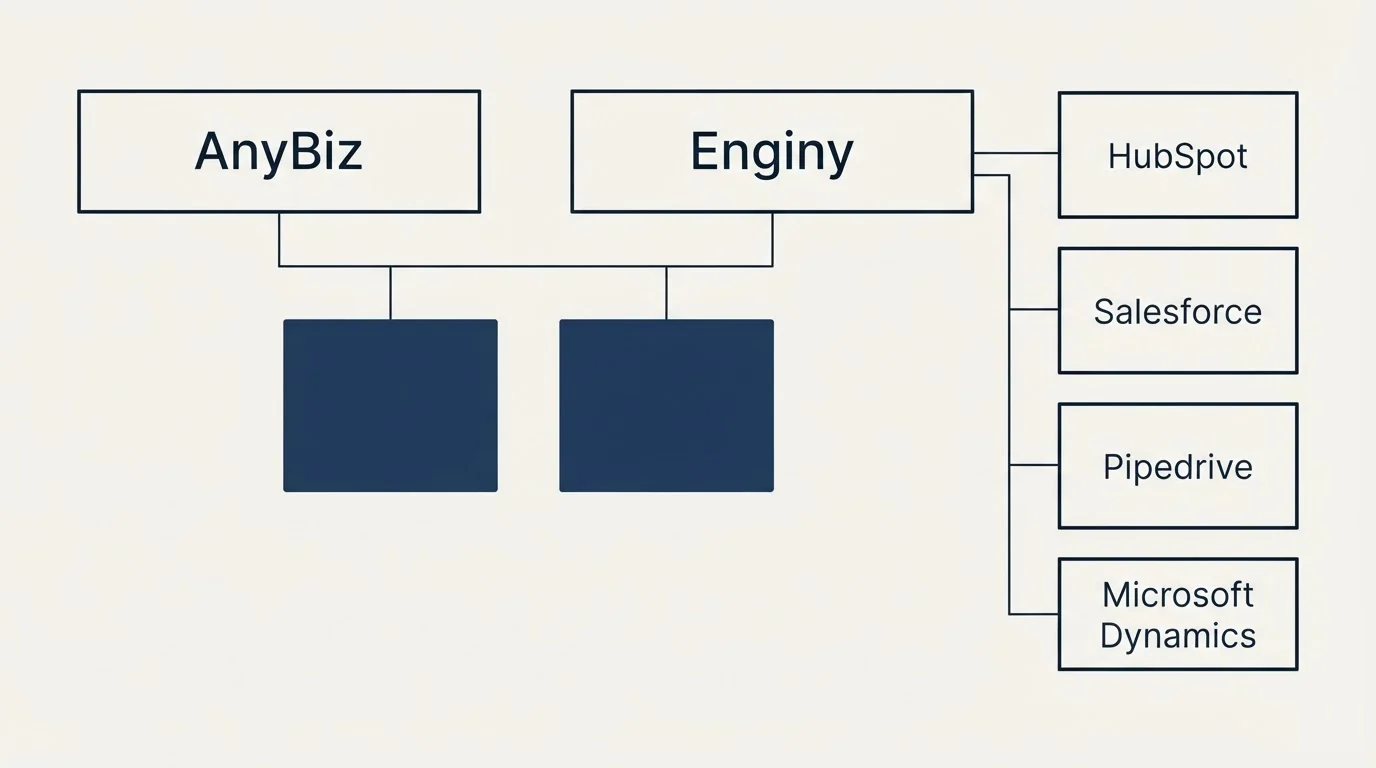 Integration grid: Integration Ecosystem (AnyBiz, Enginy, HubSpot, Salesforce)