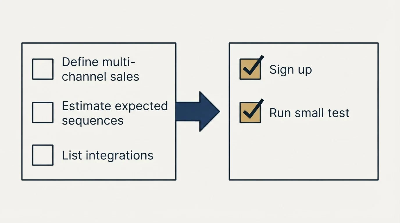 Before-and-after steps: Getting Started Checklist (Define multi-channel sales, Estimate expected sequences, List integrations, Sign up)