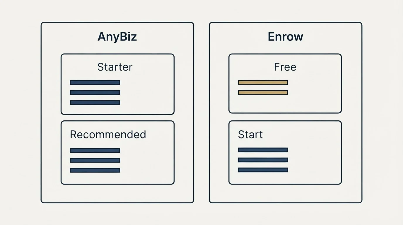 Pricing panels: Pricing Comparison (AnyBiz, Enrow, Starter, Free)