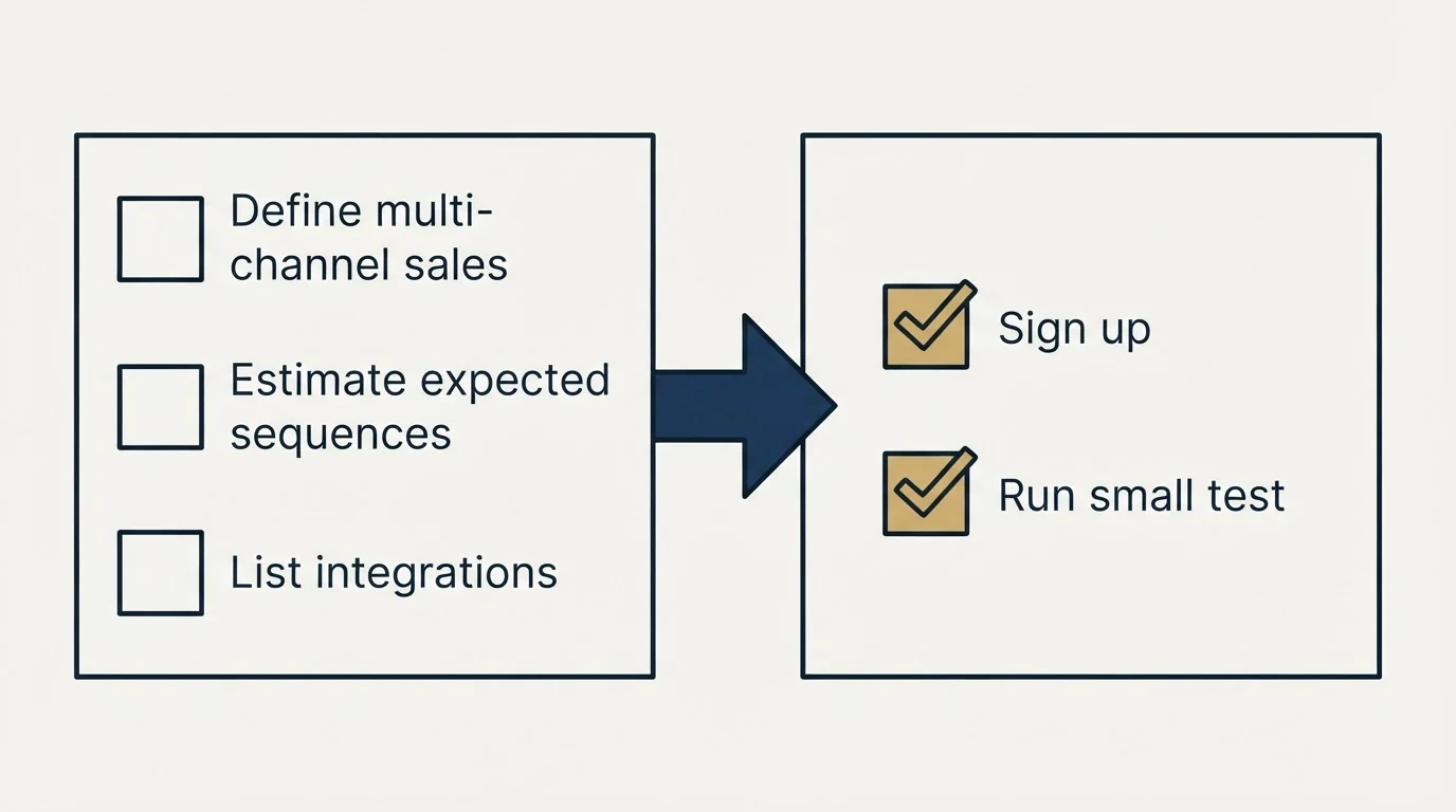 Before-and-after steps: Getting Started Checklist (Define multi-channel sales, Estimate expected sequences, List integrations, Sign up)