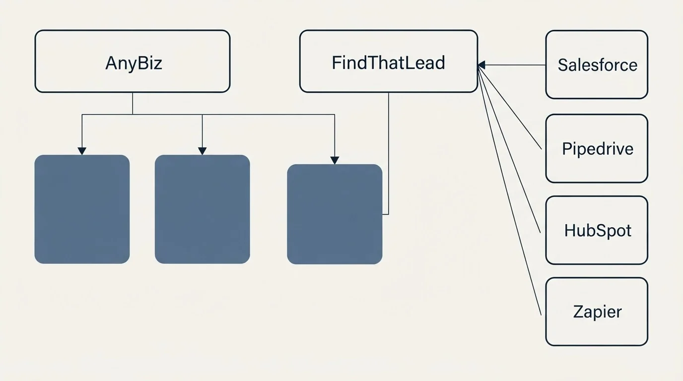 Integration grid: Integration Ecosystem (AnyBiz, FindThatLead, Salesforce, Pipedrive)