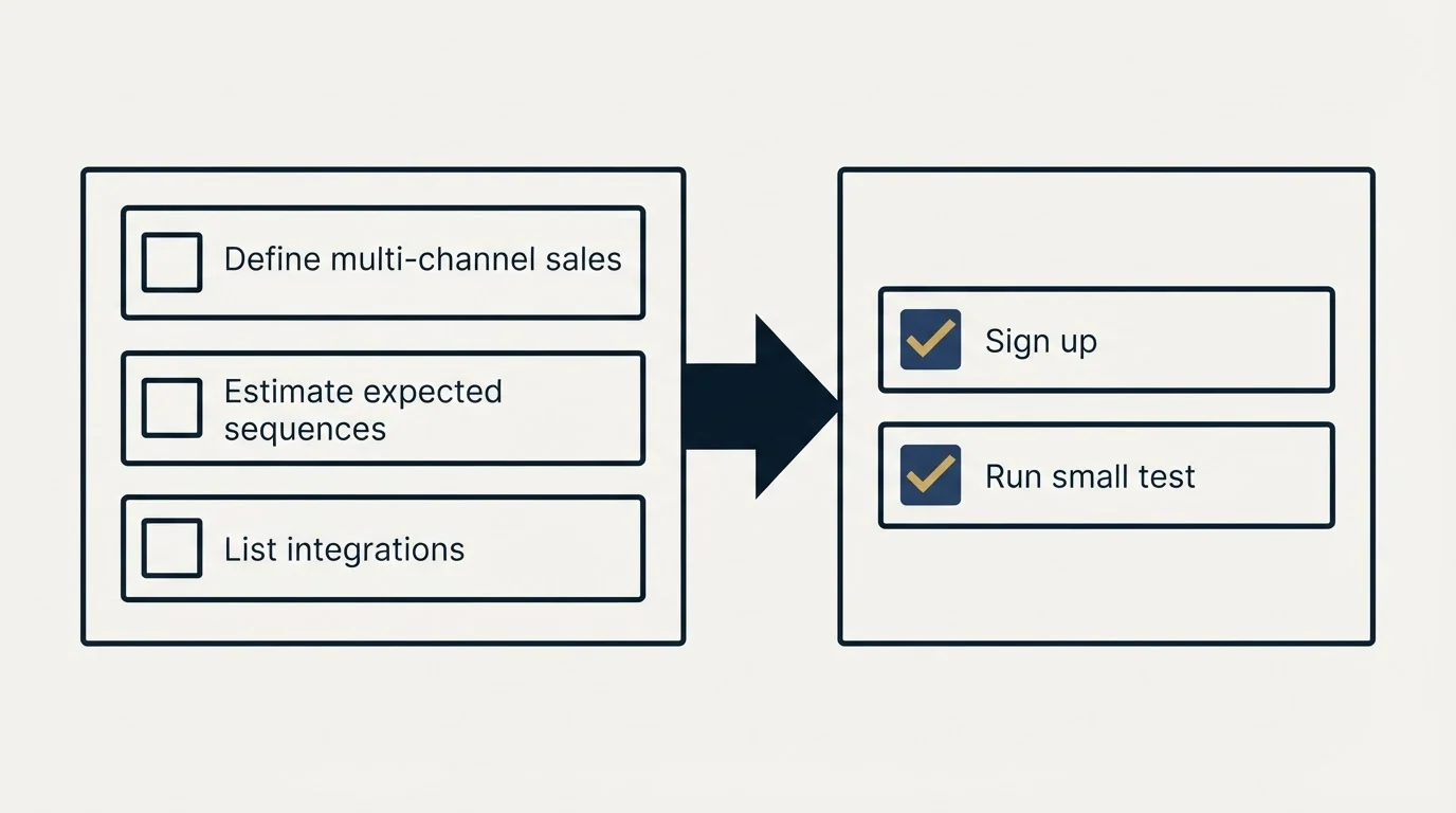 Before-and-after steps: Getting Started Checklist (Define multi-channel sales, Estimate expected sequences, List integrations, Sign up)