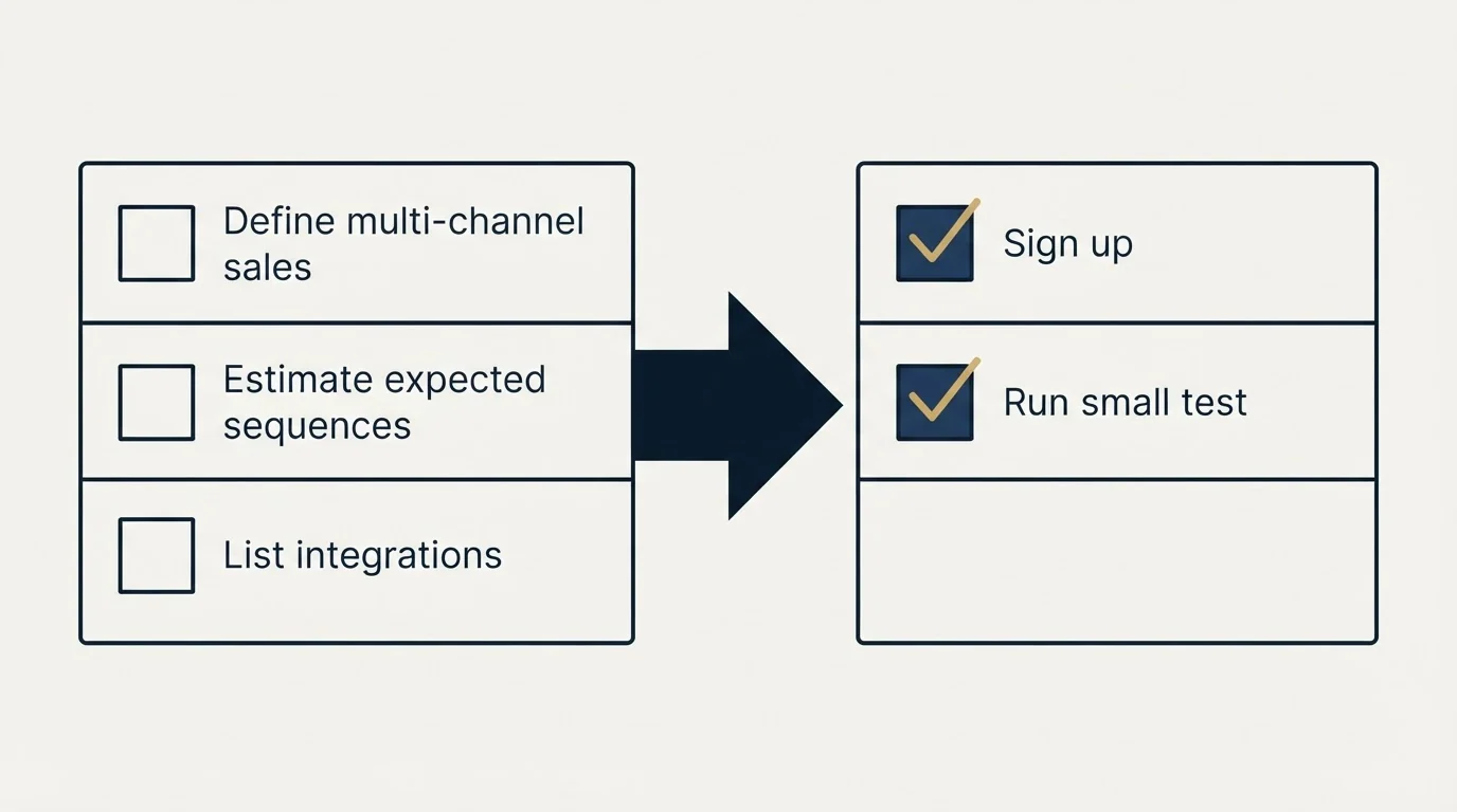 Before-and-after steps: Getting Started Checklist (Define multi-channel sales, Estimate expected sequences, List integrations, Sign up)