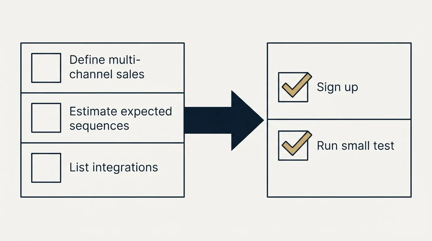 Before-and-after steps: Getting Started Checklist (Define multi-channel sales, Estimate expected sequences, List integrations, Sign up)