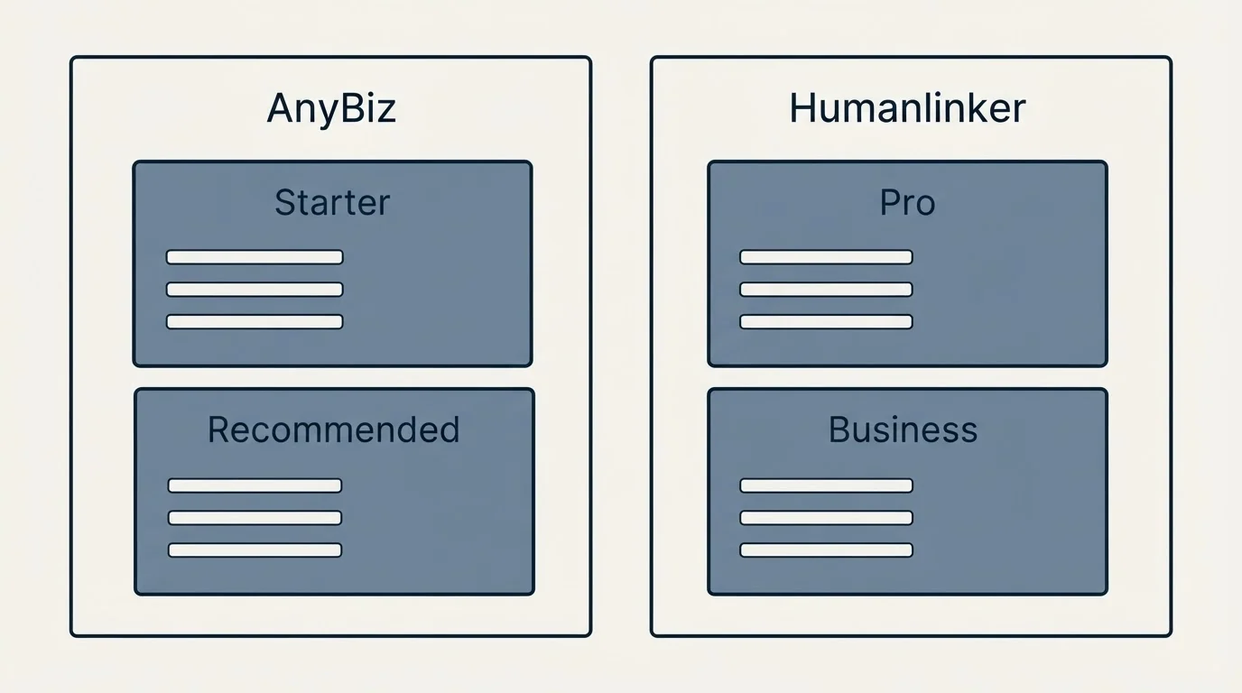Pricing panels: Pricing Comparison (AnyBiz, Humanlinker, Starter, Pro)