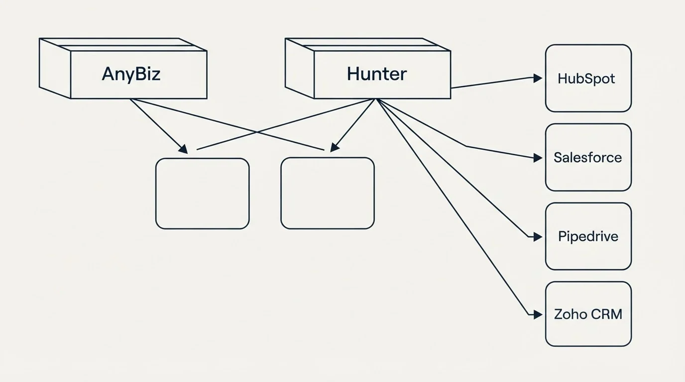 Integration grid: Integration Ecosystem (AnyBiz, Hunter, HubSpot, Salesforce)