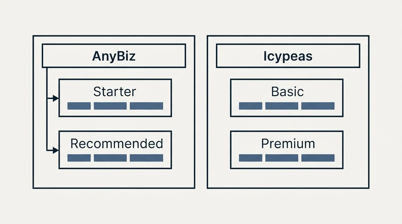 Pricing table: Pricing Comparison (AnyBiz, Icypeas, Starter, Basic)